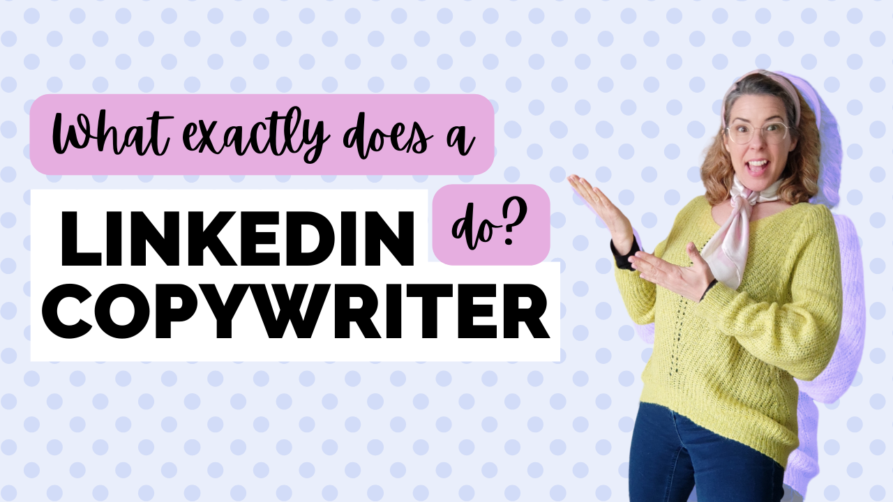 A young woman wearing a yellow sweater and bluejeans is pointing at a sign that says "What does a LinkedIn copywriter do?"