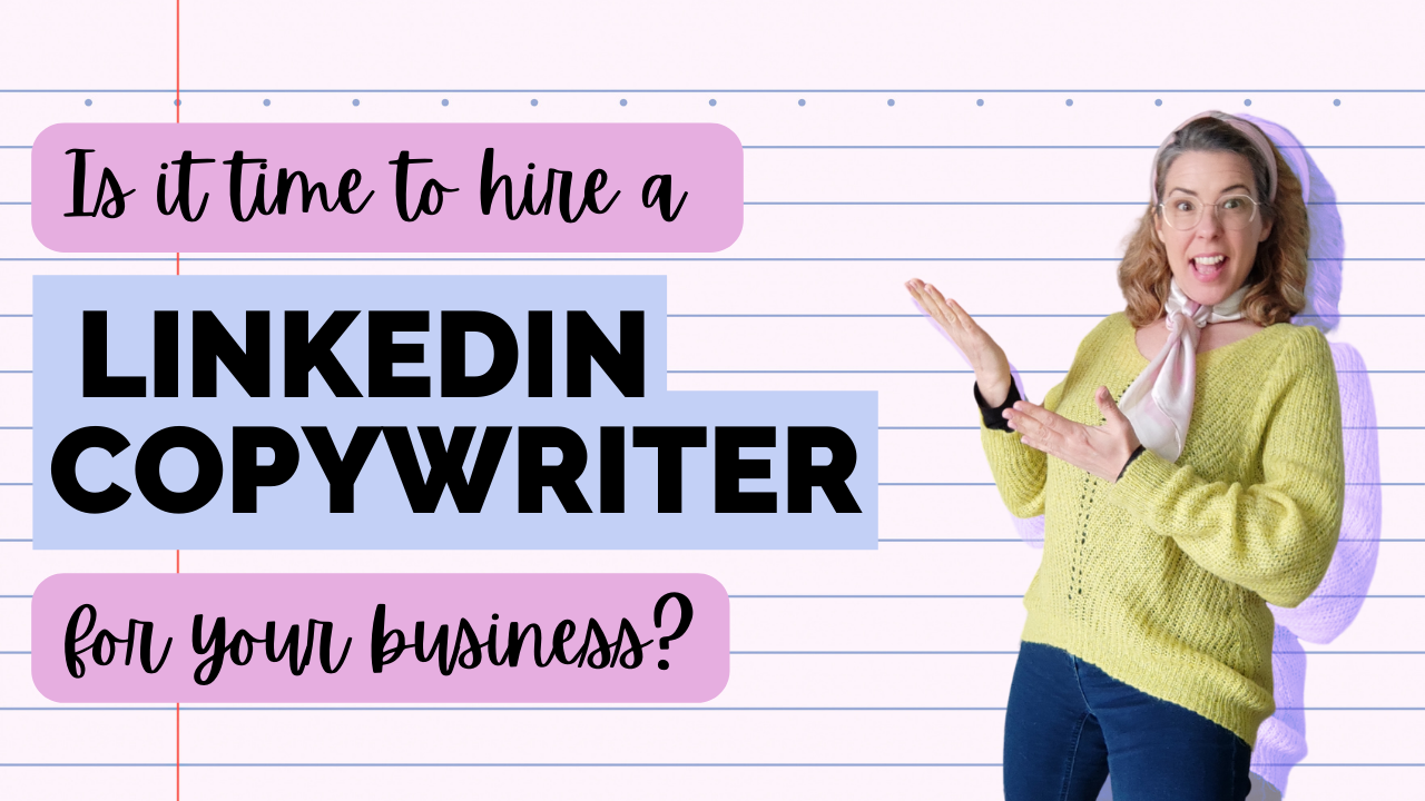 A woman wearing a yellow sweater and pink neck scarf is pointing at a sign that says "It is time to hire a linkedin copywriter for your business?"